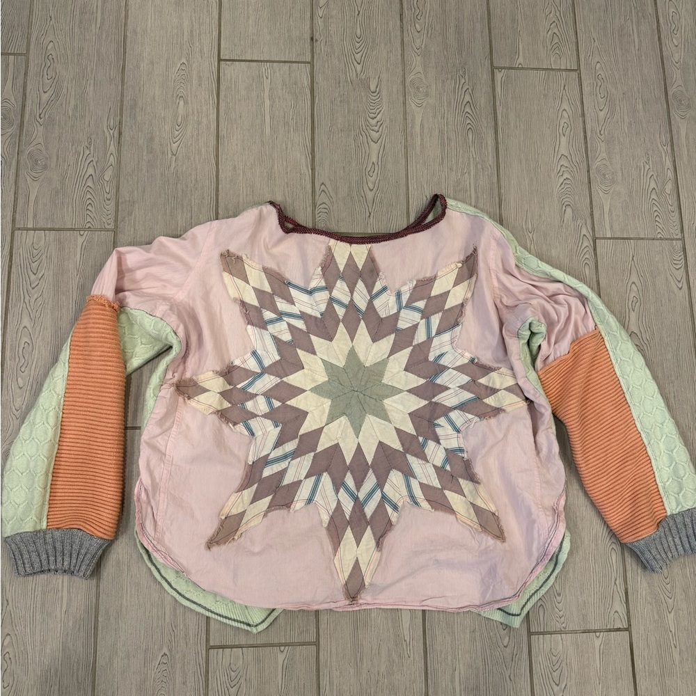 Quilted Cotton Candy Eight Point Star Upcycled  Oversized Sweater/ Top